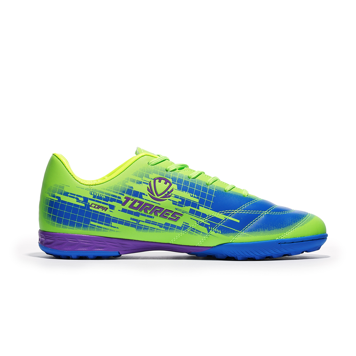 Бутсы футбольные (многошиповки) TORRES COPA-J, Размер 34, Цвет Салатовый/Синий