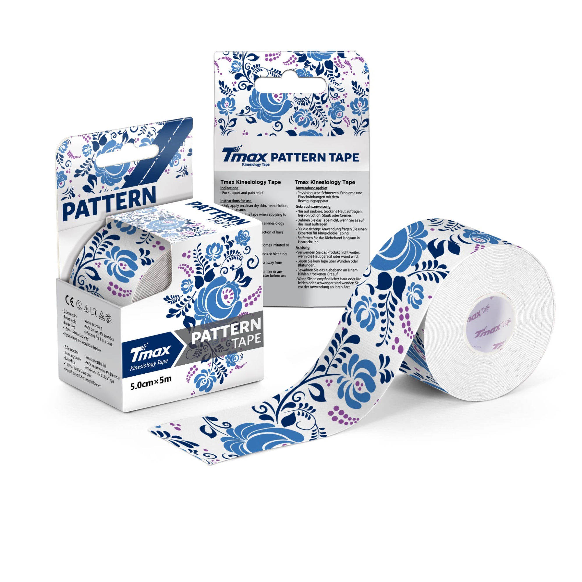 Тейп кинезиологический TMAX Pattern, размер 5 см x 5 м, Цвет Белый